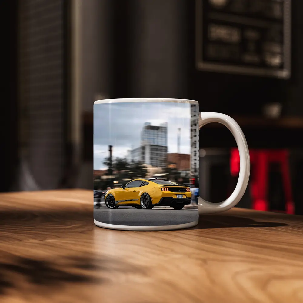 Yellow Ford Mustang Racing Through City Streets – Mugs