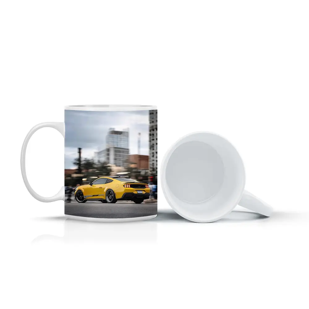 Yellow Ford Mustang Racing Through City Streets – Mugs