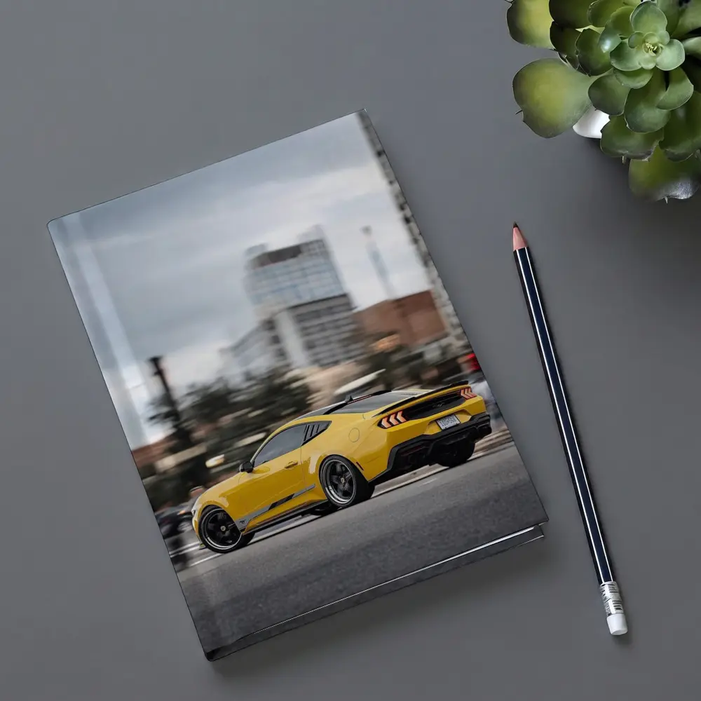 Yellow Ford Mustang Racing Through City Streets – Notebooks