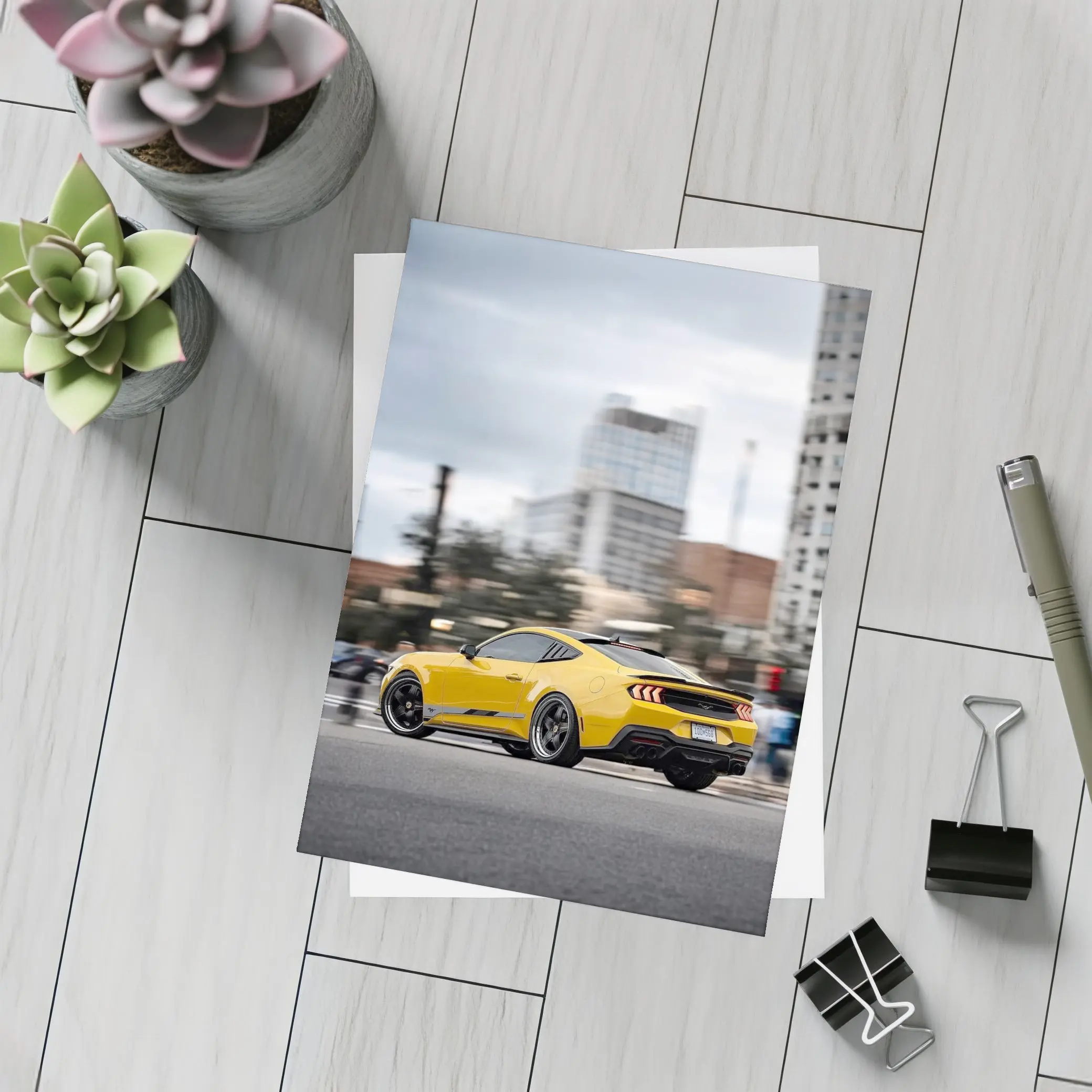Yellow Ford Mustang Racing Through City Streets – Postcards