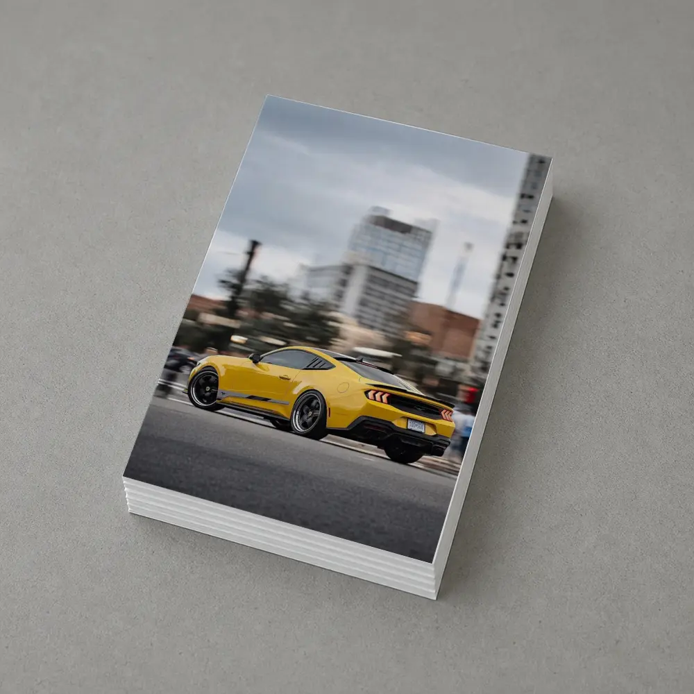 Yellow Ford Mustang Racing Through City Streets – Postcards