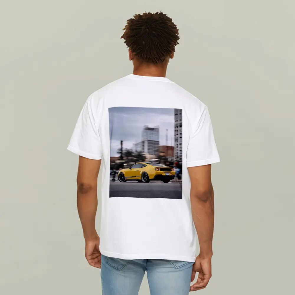 Yellow Ford Mustang Racing Through City Streets – T-Shirts