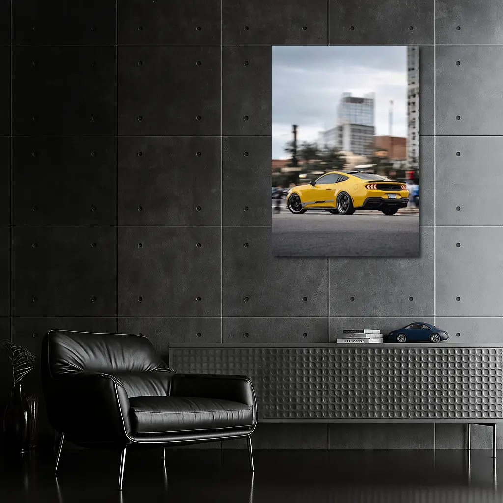 Yellow Ford Mustang Racing Through City Streets – Wall Art