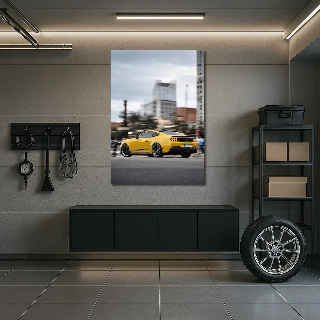 Yellow Ford Mustang Racing Through City Streets – Wall Art