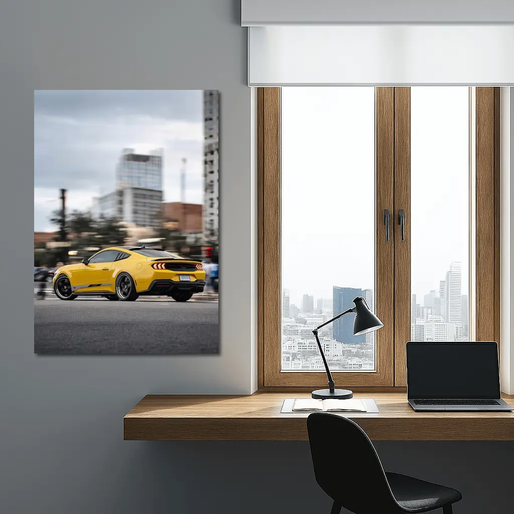 Yellow Ford Mustang Racing Through City Streets – Wall Art
