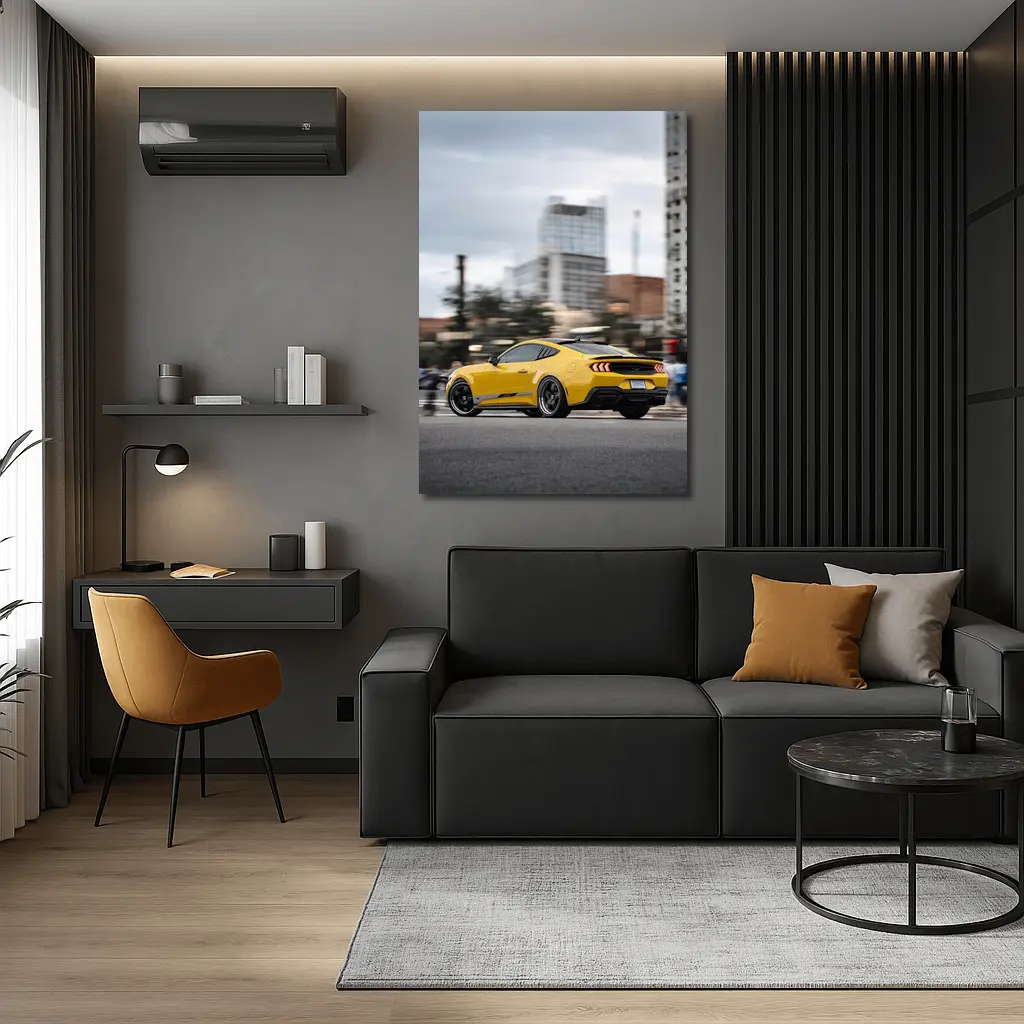 Yellow Ford Mustang Racing Through City Streets – Wall Art