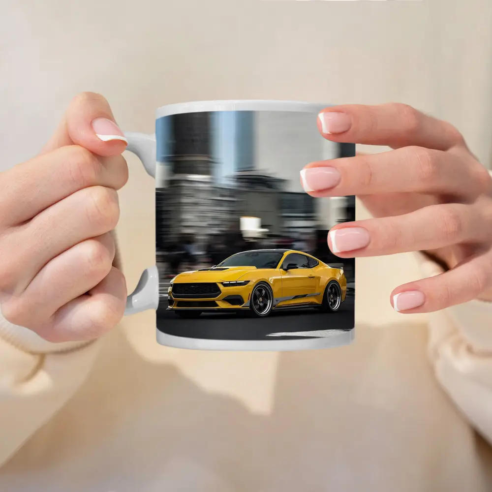 Ford Mustang Yellow City Street Drive – Mugs