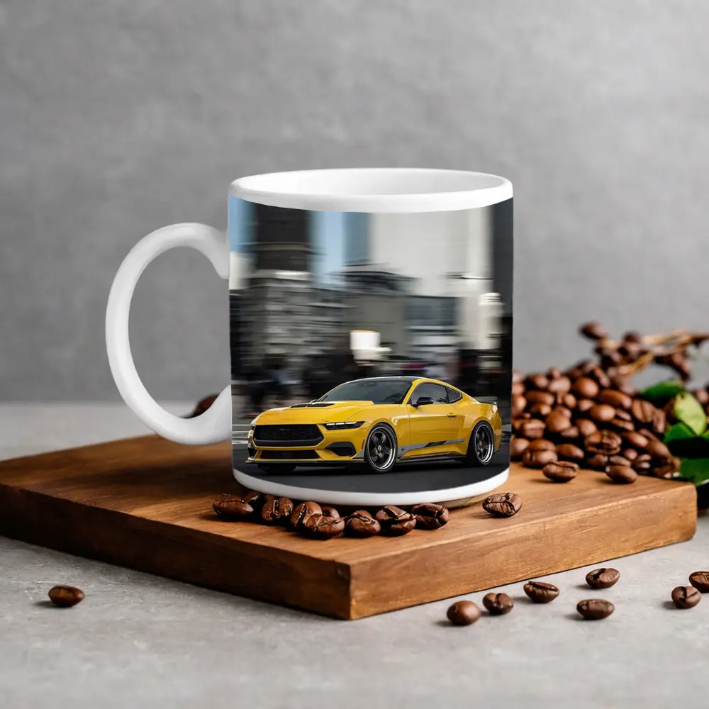 Ford Mustang Yellow City Street Drive – Mugs