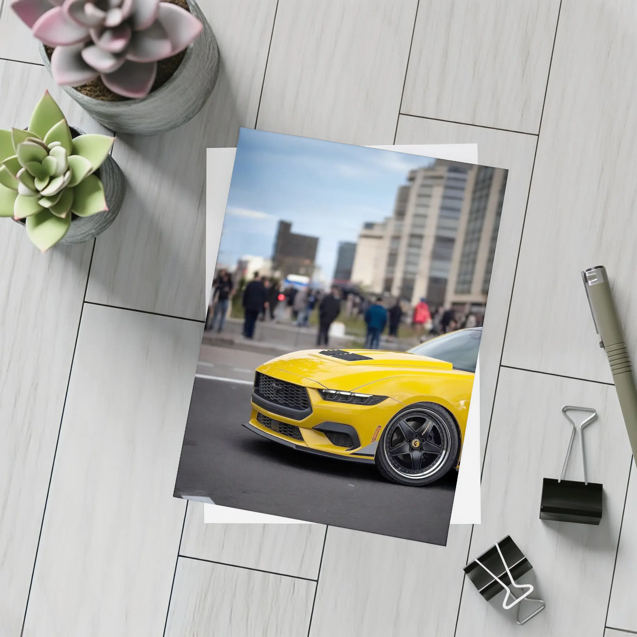 Yellow Ford Mustang Urban City Street – Postcards