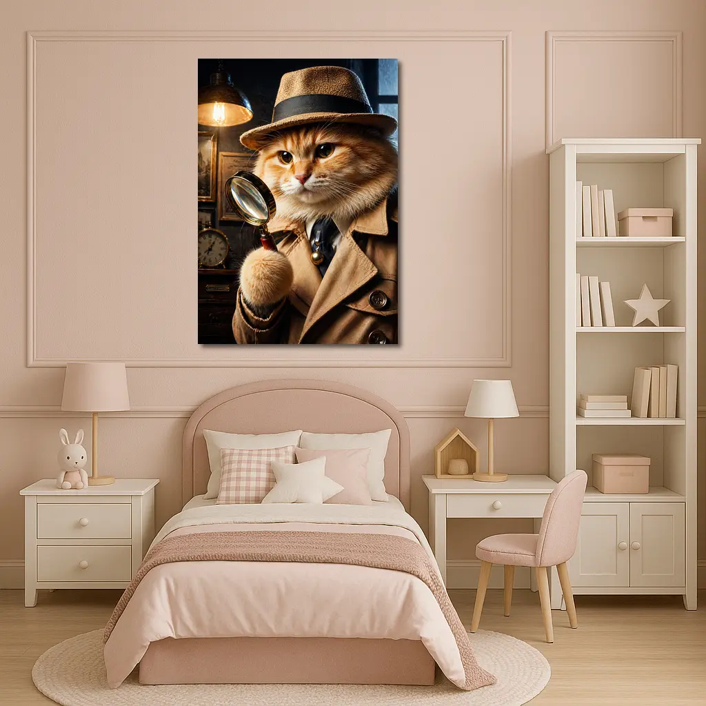 Detective Orange Cat Holding Magnifying Glass – Wall Art