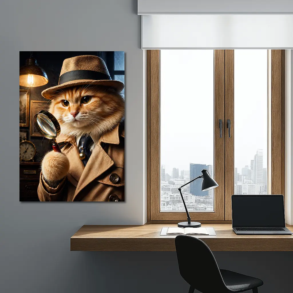 Detective Orange Cat Holding Magnifying Glass – Wall Art