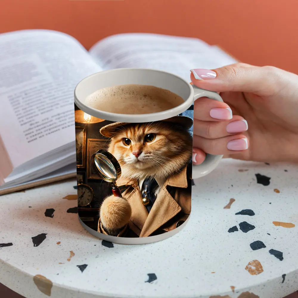 Detective Orange Cat Holding Magnifying Glass – Mugs