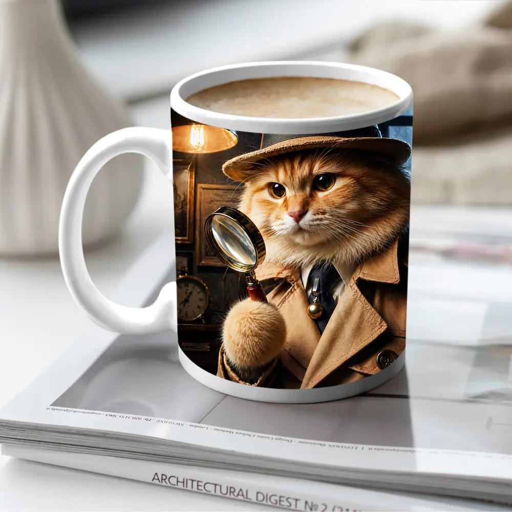 Detective Orange Cat Holding Magnifying Glass – Mugs