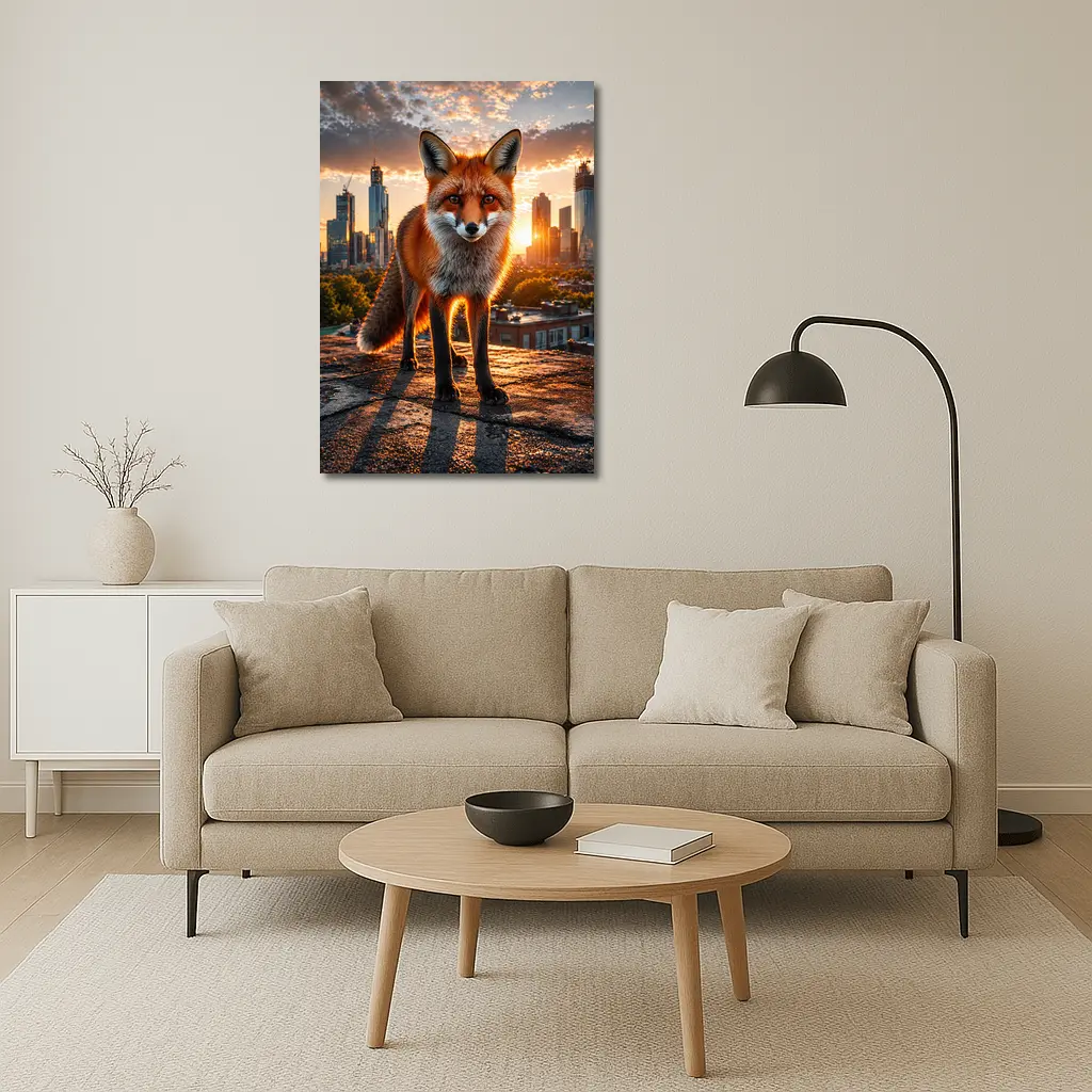 Red Fox Standing on Urban Rooftop Sunset – Wall Art