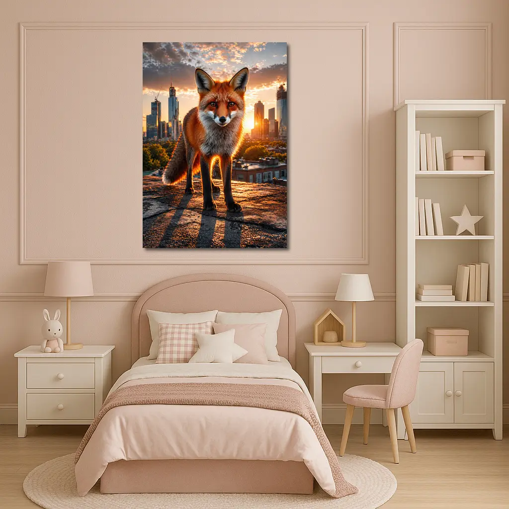 Red Fox Standing on Urban Rooftop Sunset – Wall Art