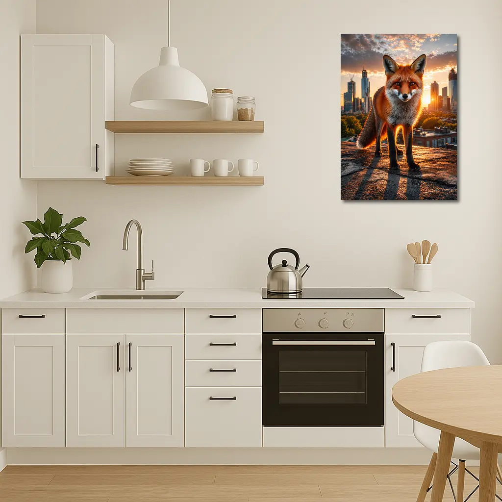 Red Fox Standing on Urban Rooftop Sunset – Wall Art