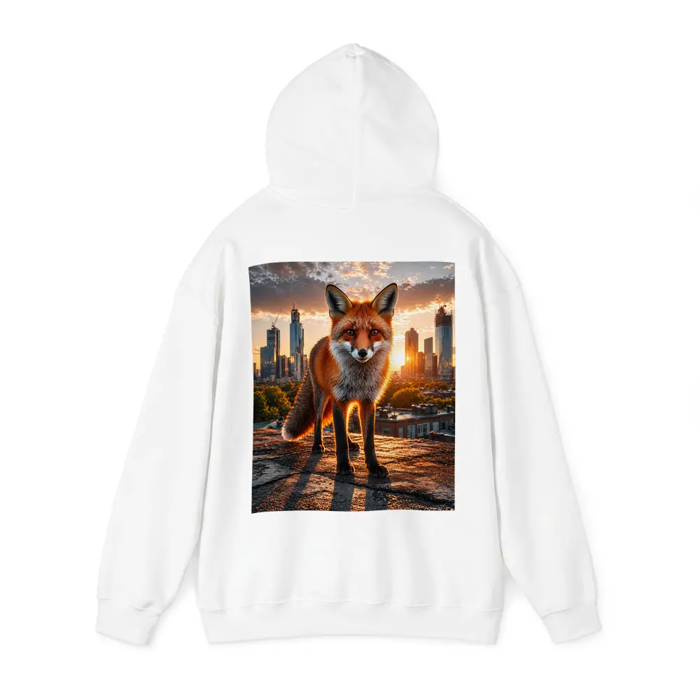 Red Fox Standing on Urban Rooftop Sunset – Hoodies