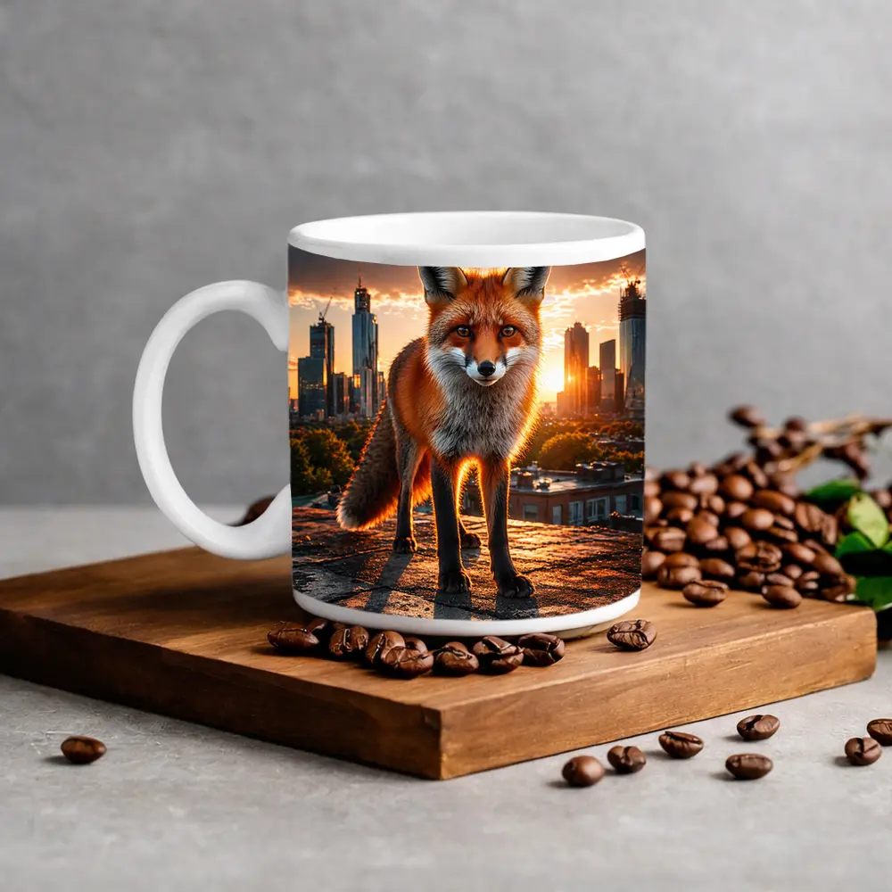 Red Fox Standing on Urban Rooftop Sunset – Mugs