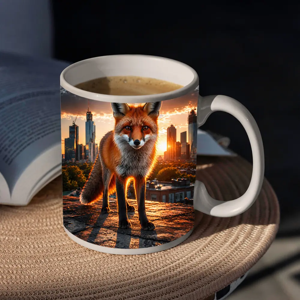 Red Fox Standing on Urban Rooftop Sunset – Mugs