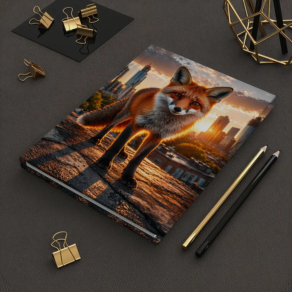 Red Fox Standing on Urban Rooftop Sunset – Notebooks
