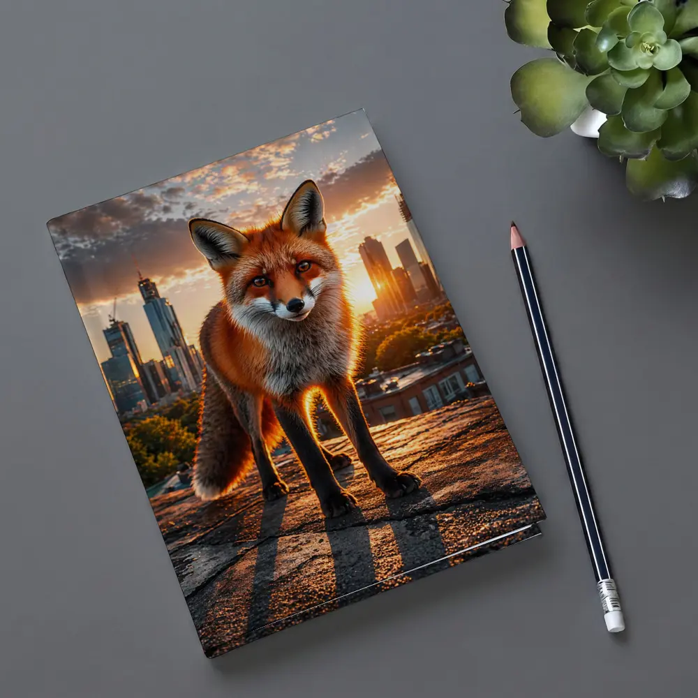 Red Fox Standing on Urban Rooftop Sunset – Notebooks