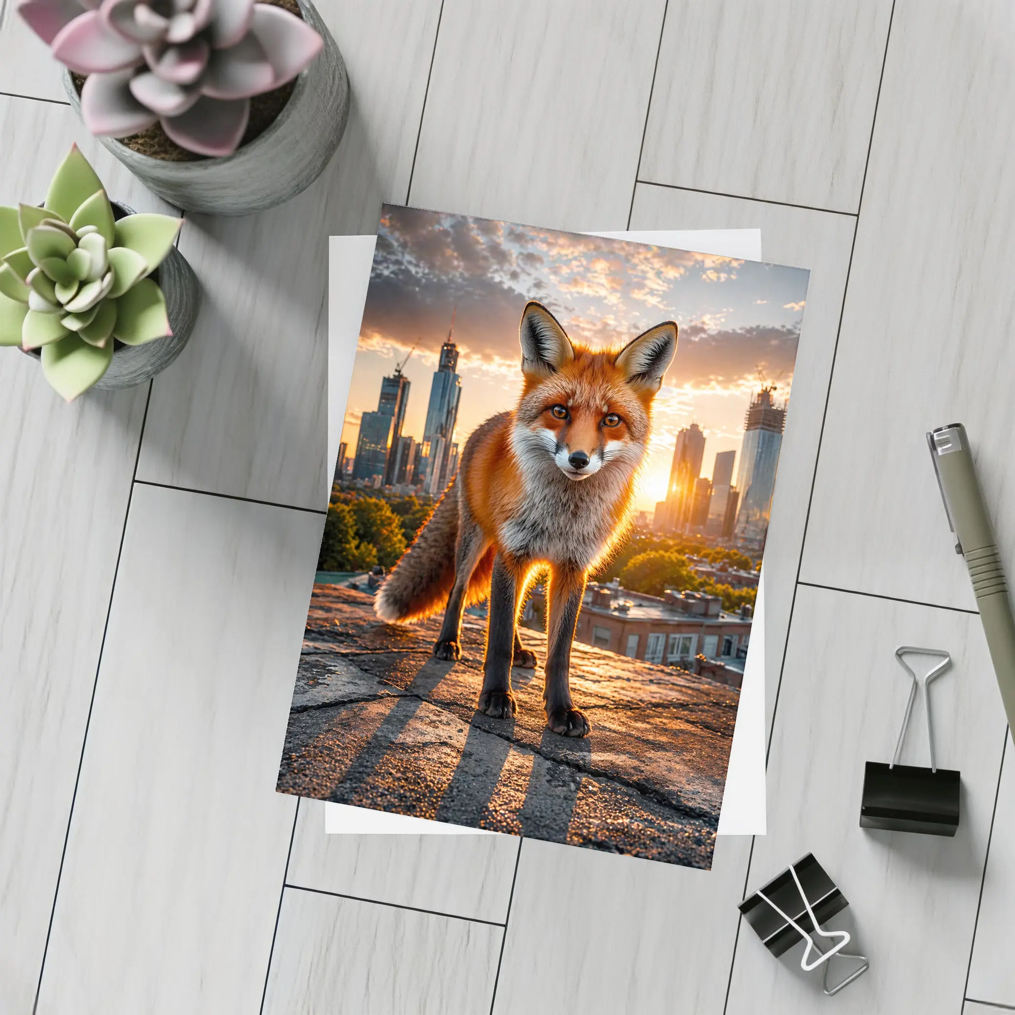 Red Fox Standing on Urban Rooftop Sunset – Postcards