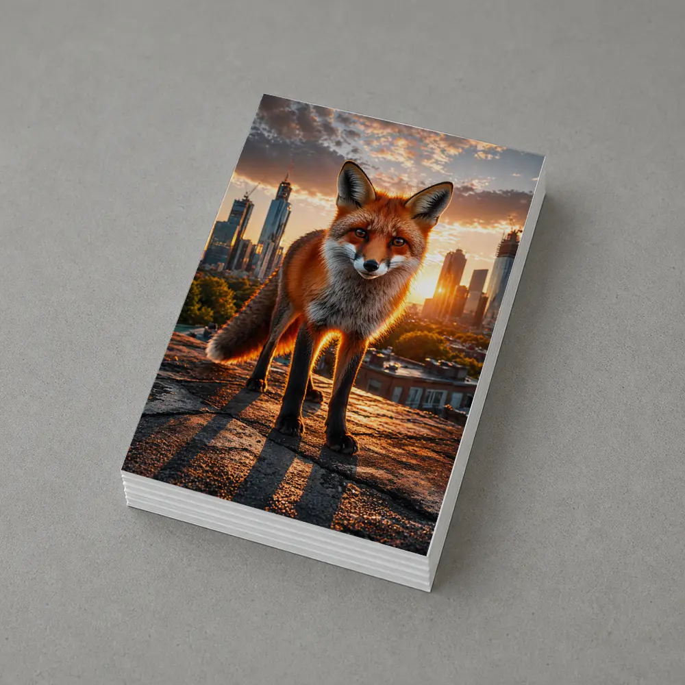 Red Fox Standing on Urban Rooftop Sunset – Postcards
