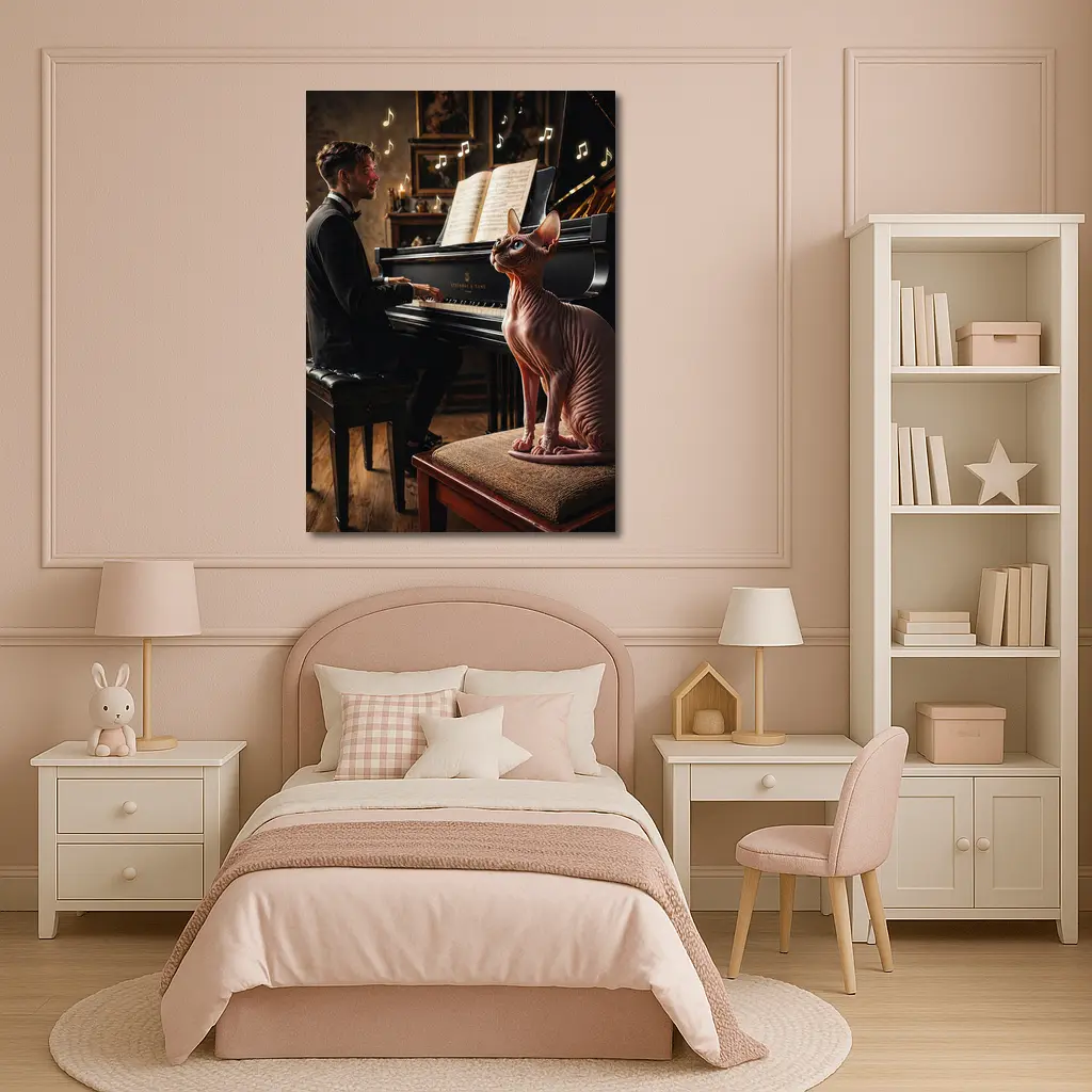 Sphynx Cat Watching Pianist Play Grand Piano – Wall Art