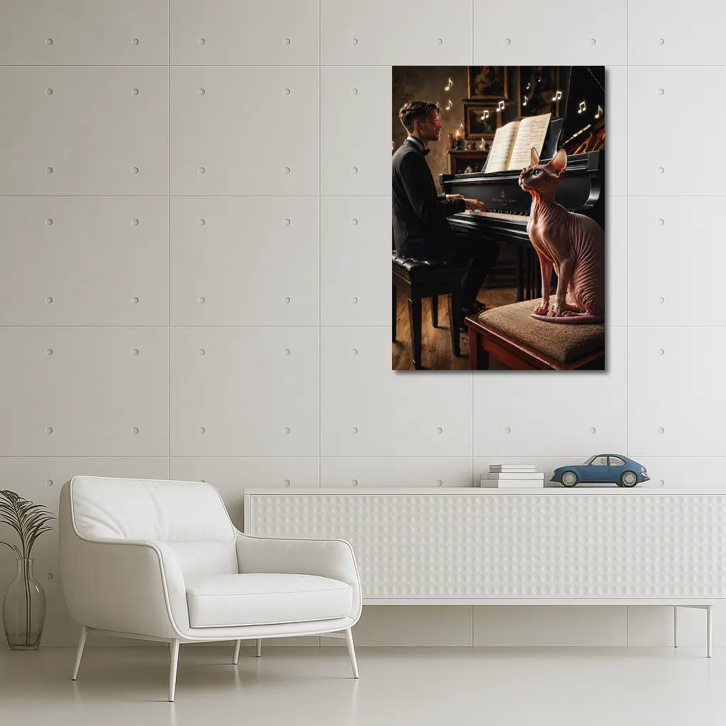 Sphynx Cat Watching Pianist Play Grand Piano – Wall Art