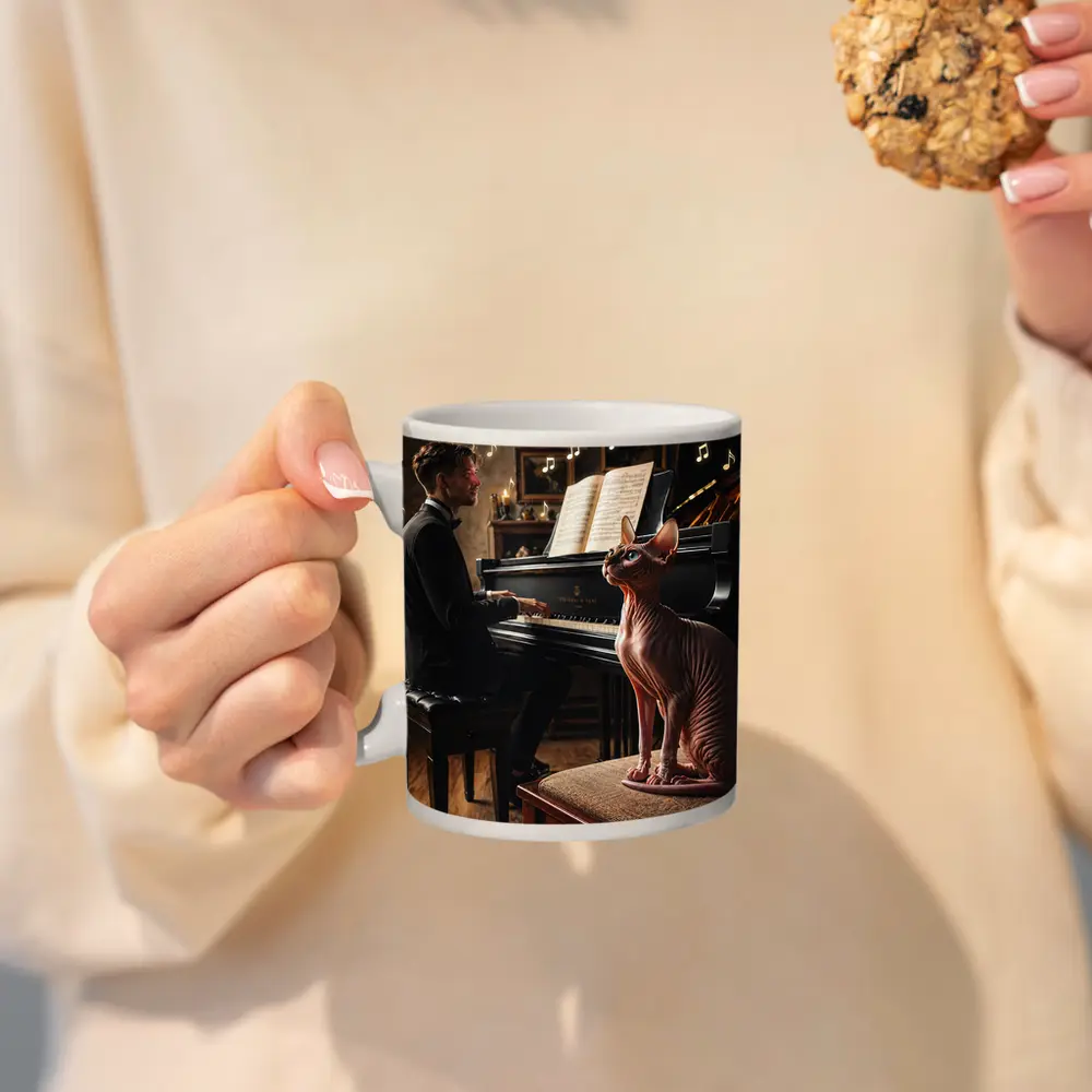 Sphynx Cat Watching Pianist Play Grand Piano – Mugs