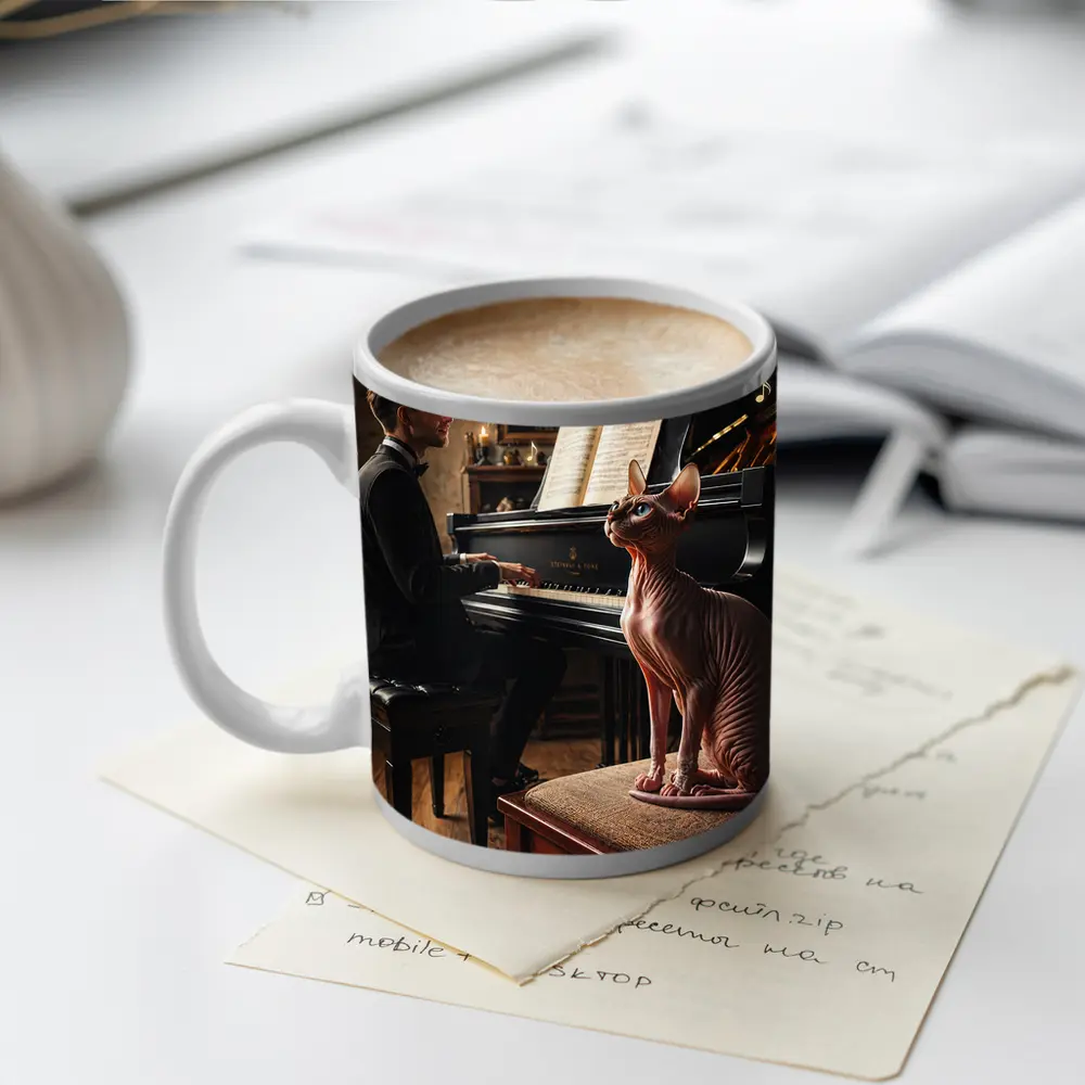 Sphynx Cat Watching Pianist Play Grand Piano – Mugs