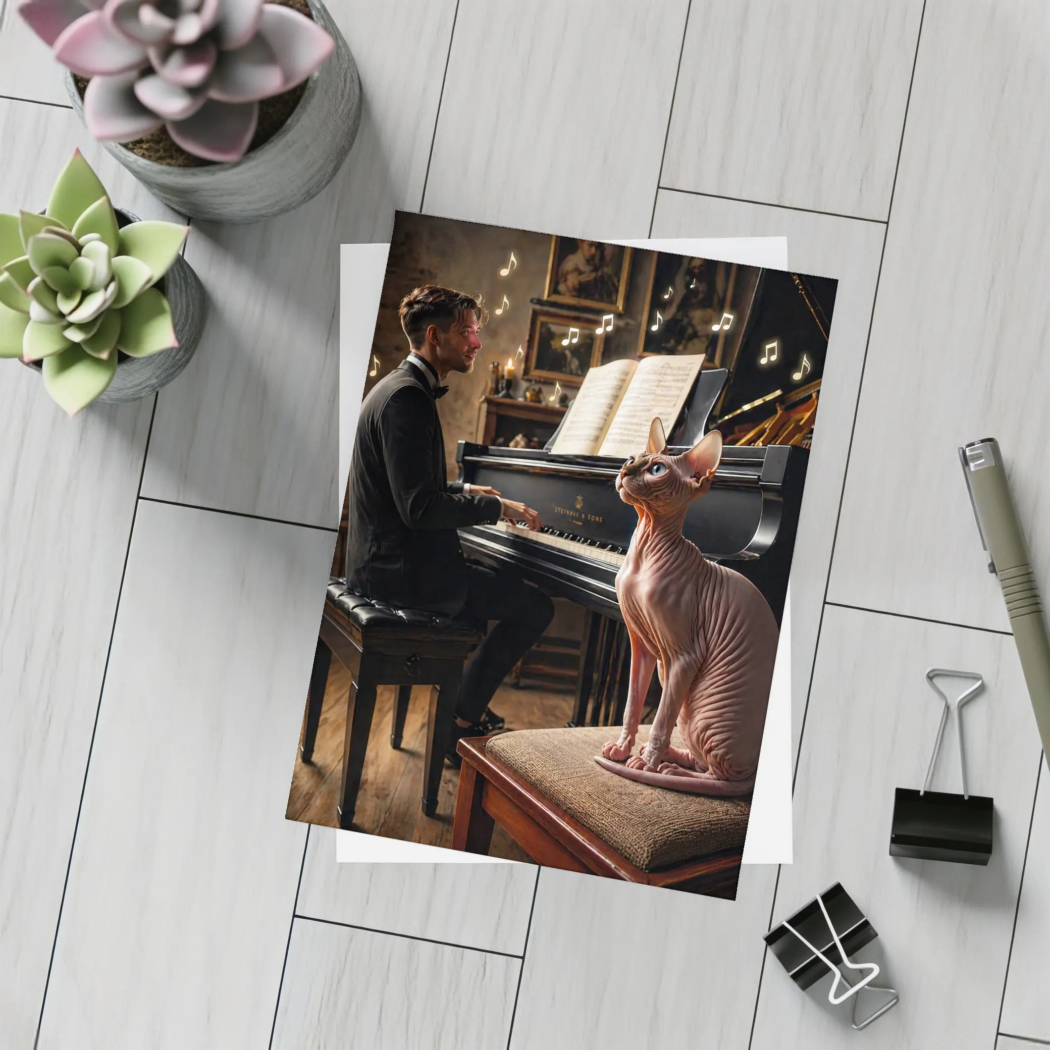 Sphynx Cat Watching Pianist Play Grand Piano – Postcards