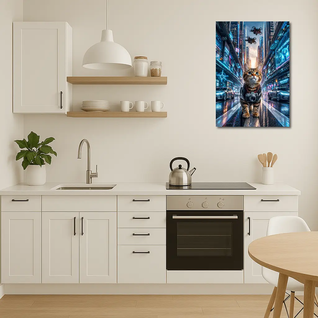 Tabby Cat Photographer Cyberpunk Neon City – Wall Art