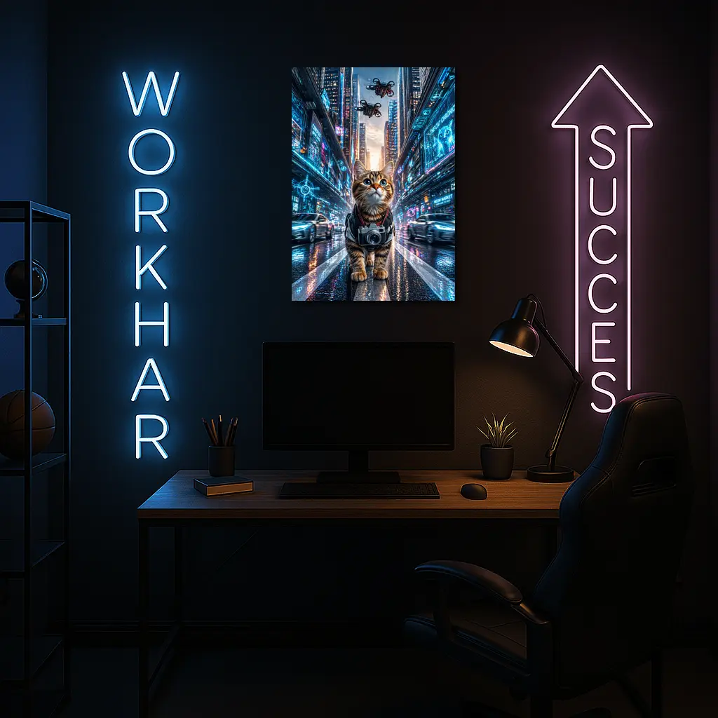 Tabby Cat Photographer Cyberpunk Neon City – Wall Art