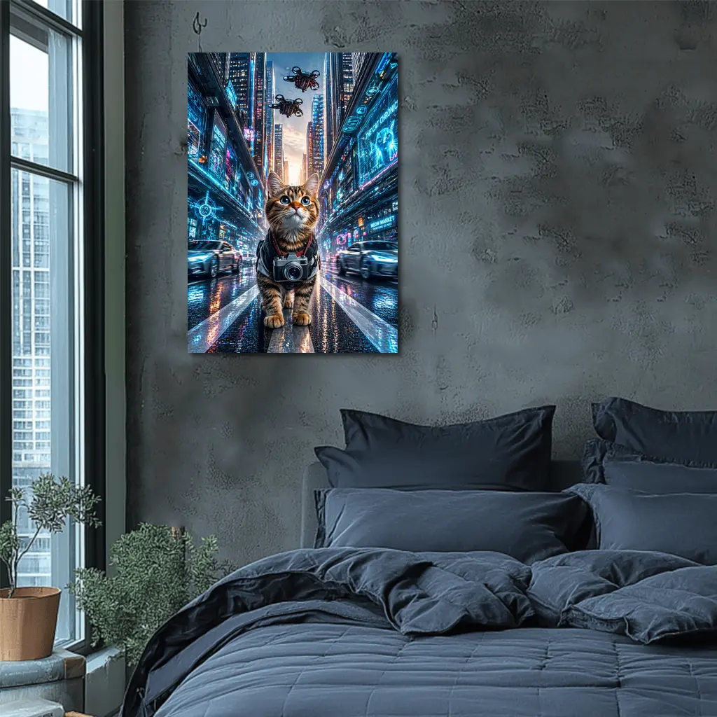 Tabby Cat Photographer Cyberpunk Neon City – Wall Art