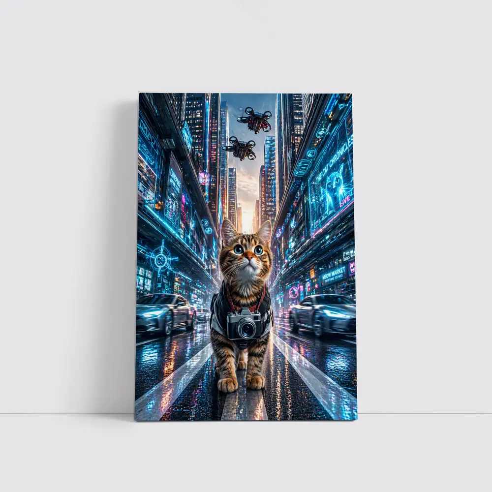Tabby Cat Photographer Cyberpunk Neon City – Wall Art