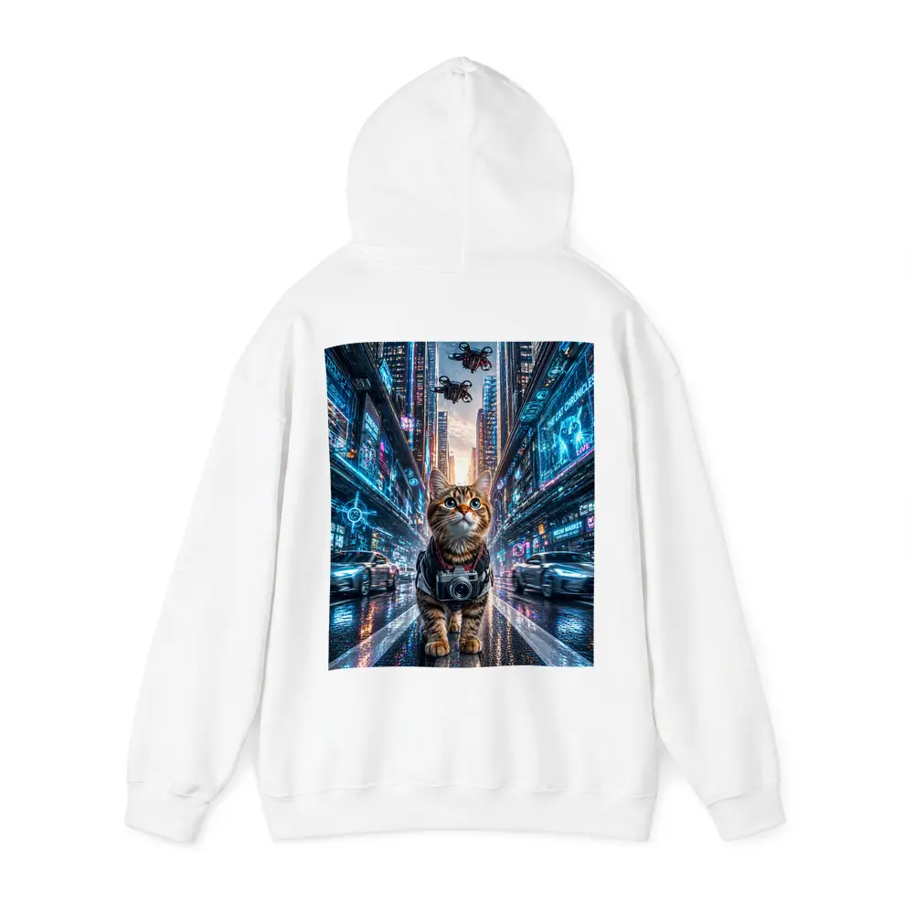 Tabby Cat Photographer Cyberpunk Neon City – Hoodies