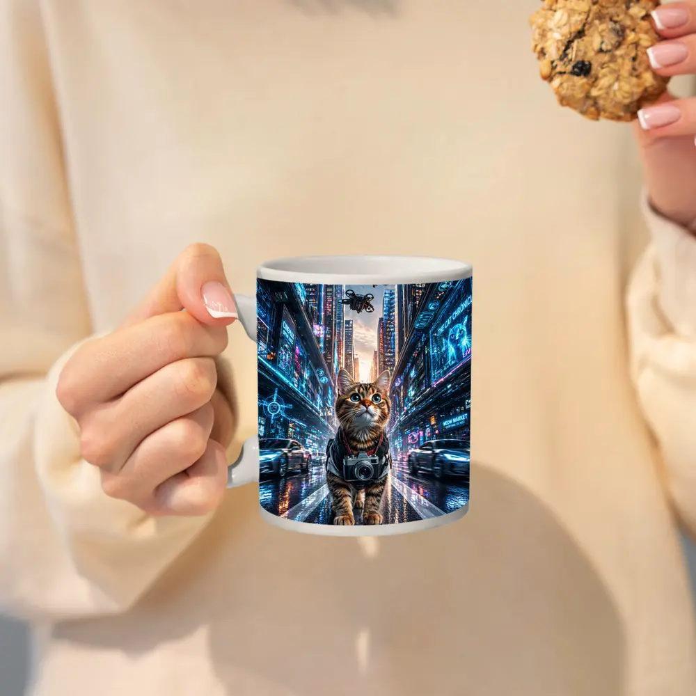 Tabby Cat Photographer Cyberpunk Neon City – Mugs