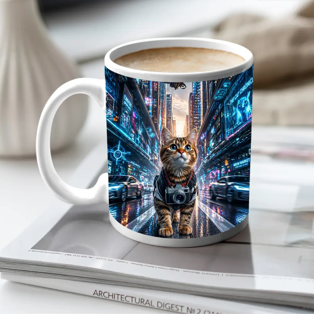 Tabby Cat Photographer Cyberpunk Neon City – Mugs