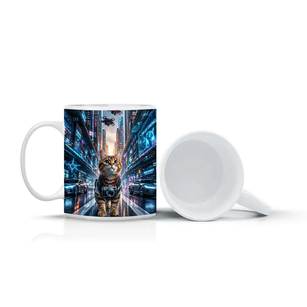 Tabby Cat Photographer Cyberpunk Neon City – Mugs