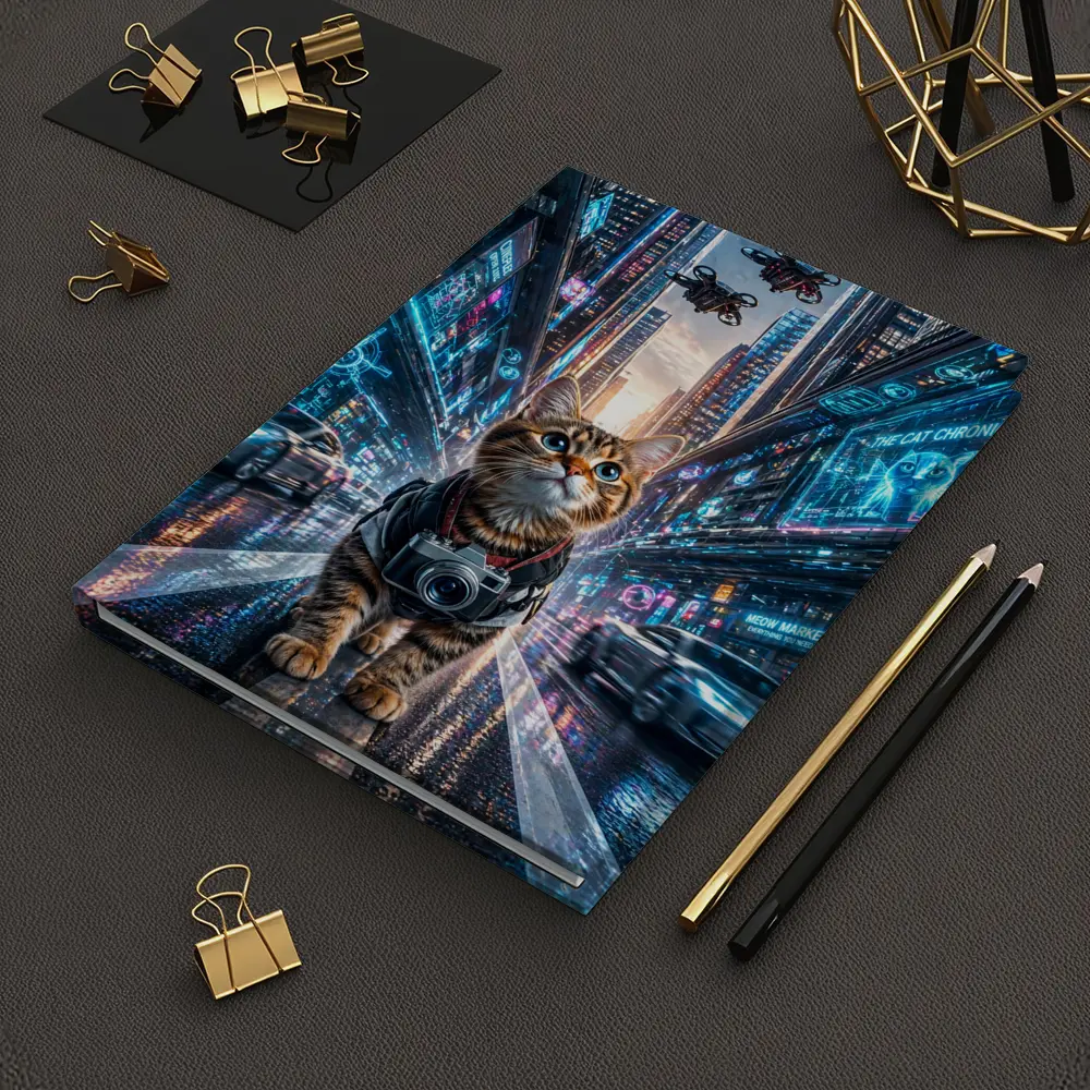 Tabby Cat Photographer Cyberpunk Neon City – Notebooks