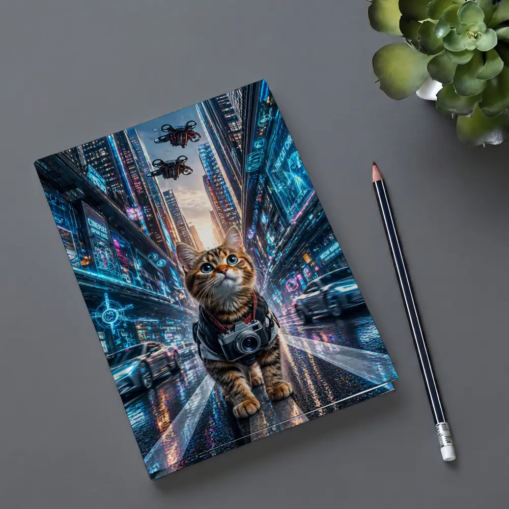 Tabby Cat Photographer Cyberpunk Neon City – Notebooks