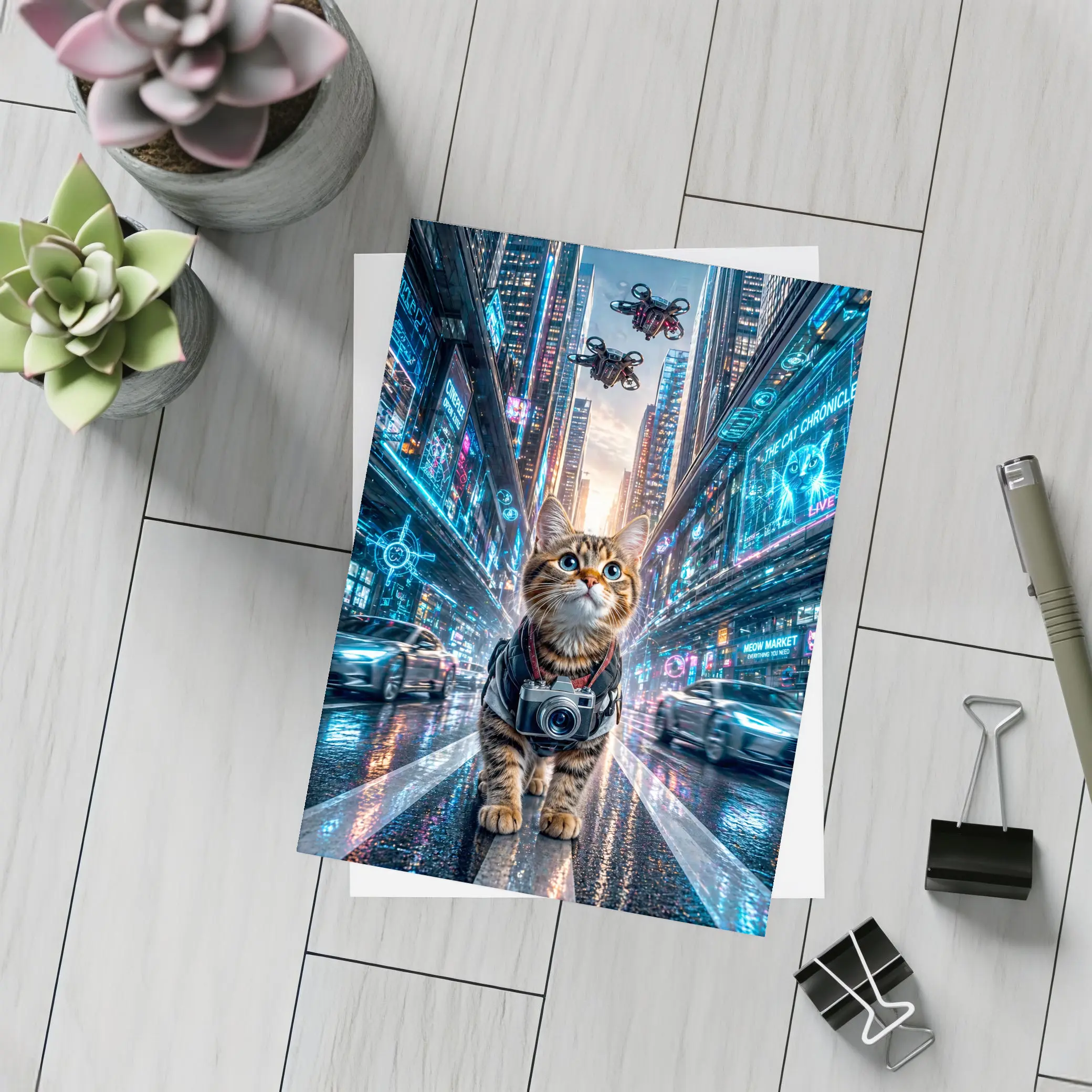 Tabby Cat Photographer Cyberpunk Neon City – Postcards