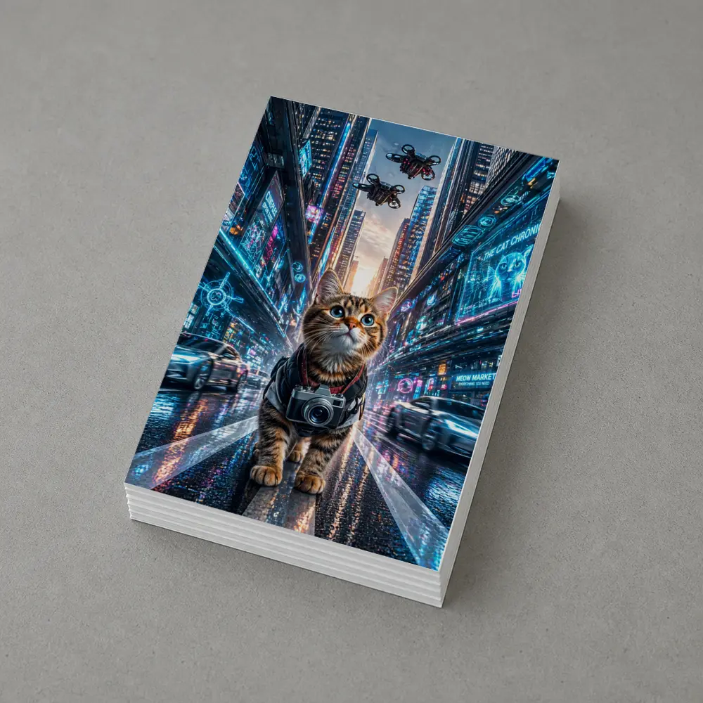 Tabby Cat Photographer Cyberpunk Neon City – Postcards