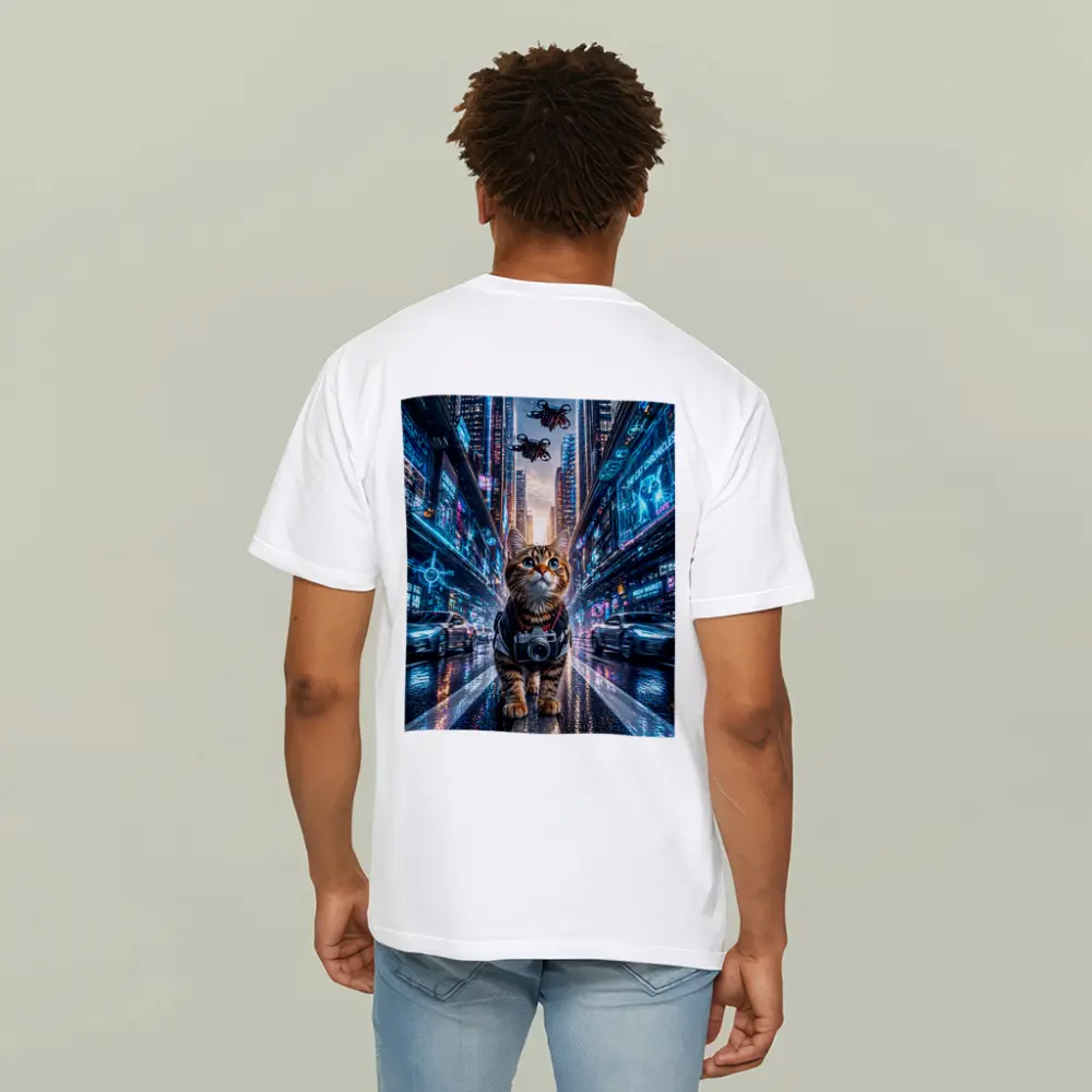 Tabby Cat Photographer Cyberpunk Neon City – T-Shirts