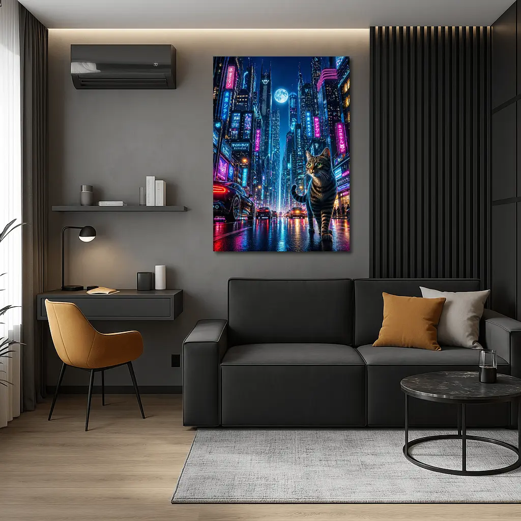 Tabby Cat Neon Cyberpunk City Night – Wall Art