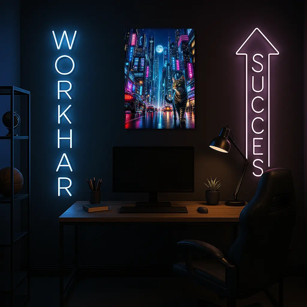 Tabby Cat Neon Cyberpunk City Night – Wall Art