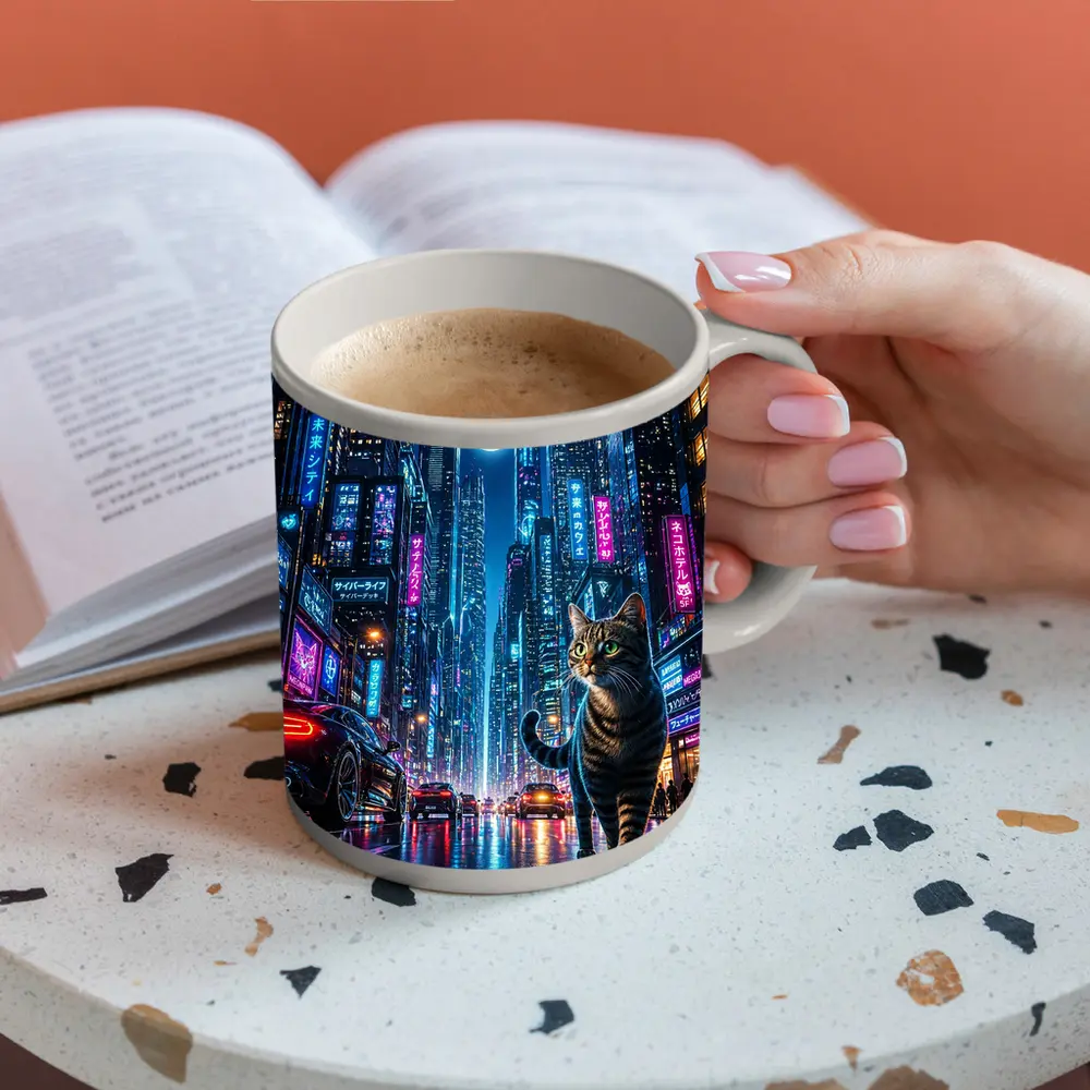 Tabby Cat Neon Cyberpunk City Night – Mugs