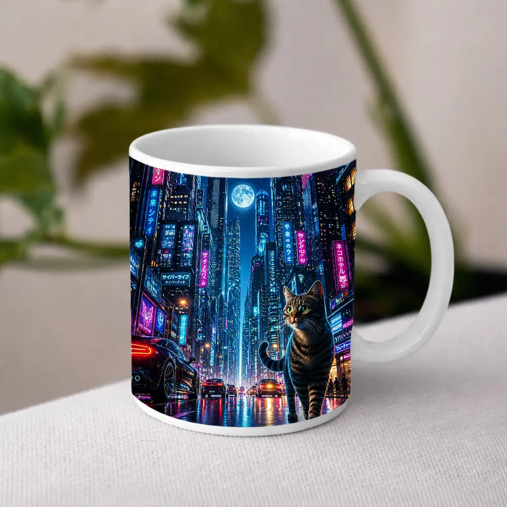 Tabby Cat Neon Cyberpunk City Night – Mugs