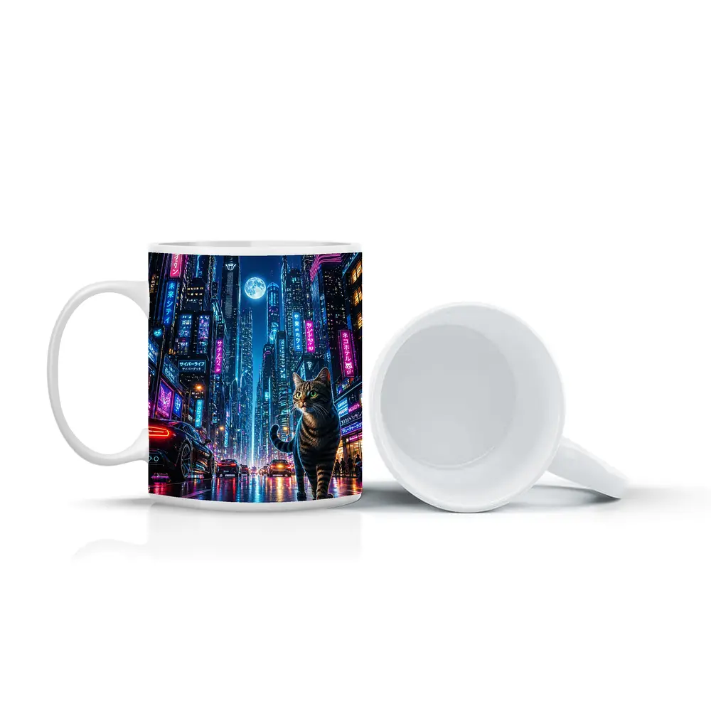 Tabby Cat Neon Cyberpunk City Night – Mugs